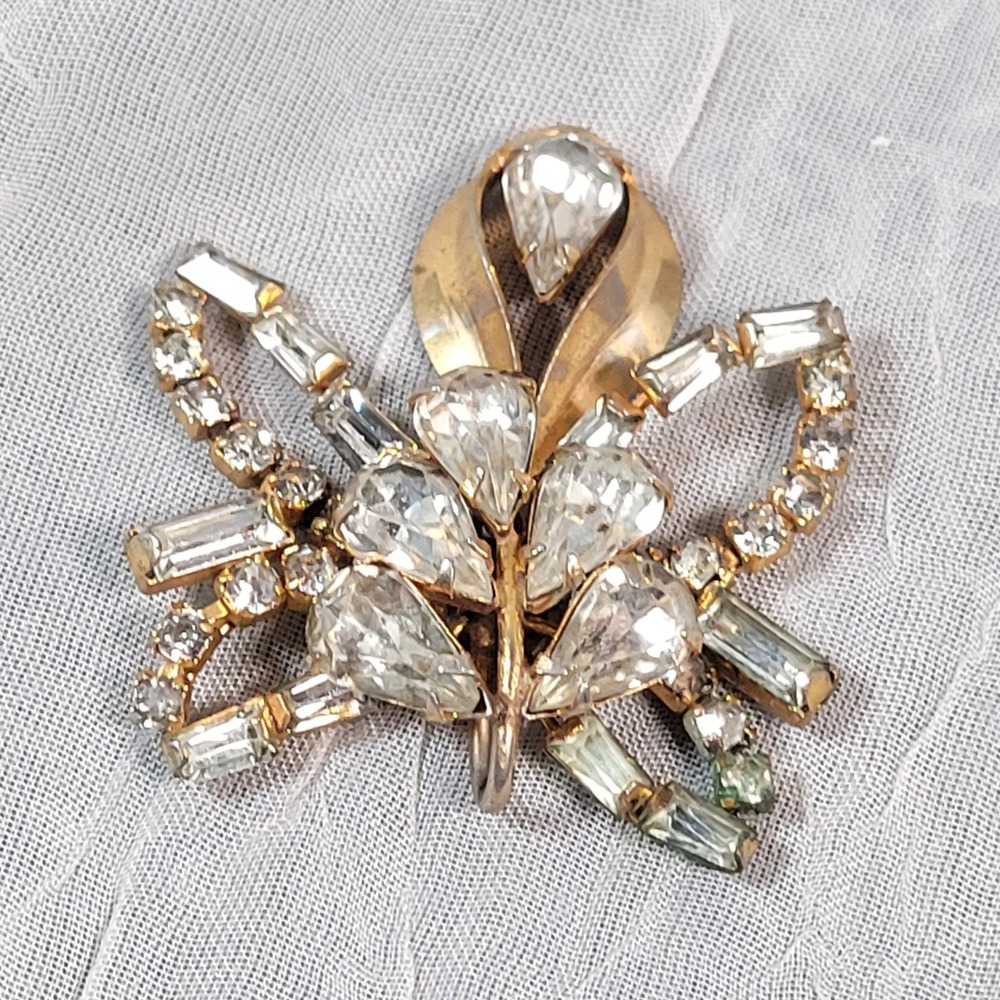 Scitarelli Gold Tone Pendant Clear Rhinestone Abstract Floral Style Vintage